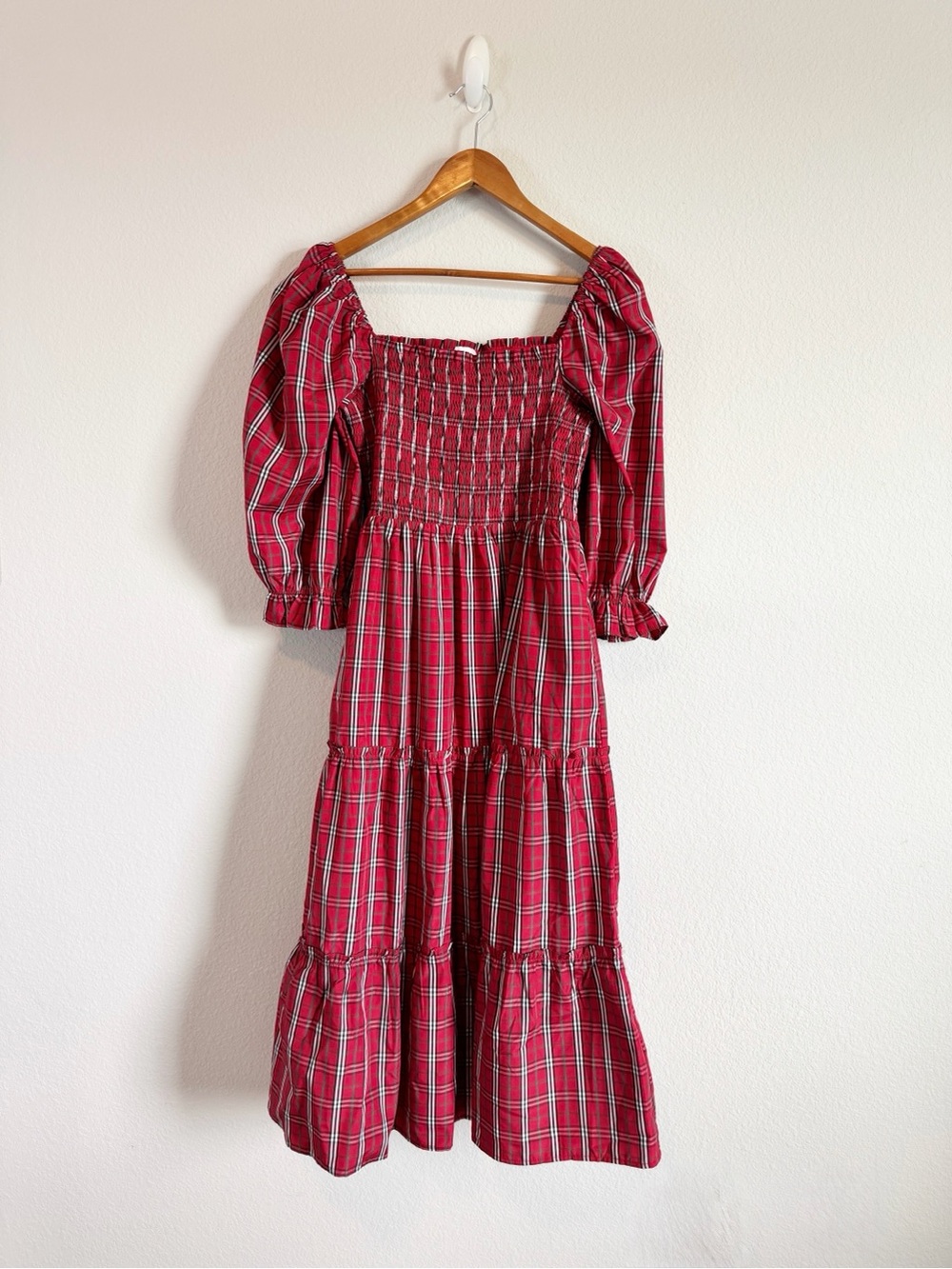 J. Marie Rayna Square Neck Red Plaid Puff Sleeve Tiered Midi Dress Size Medium